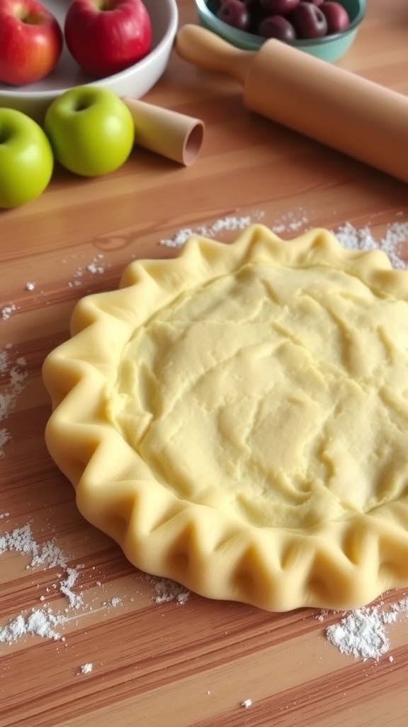 Perfect 5-Star Pie Crust Recipe Golden brown flaky pie crust on a wooden table with fresh fruits and a rolling pin.